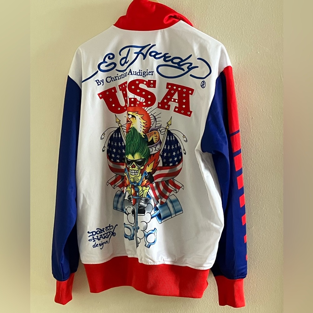 NWT ED HARDY USA graphic zip up sz L